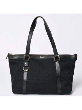 Gucci Abbey Line GG Canvas Tote Black Handbag D Ring Leather Gold